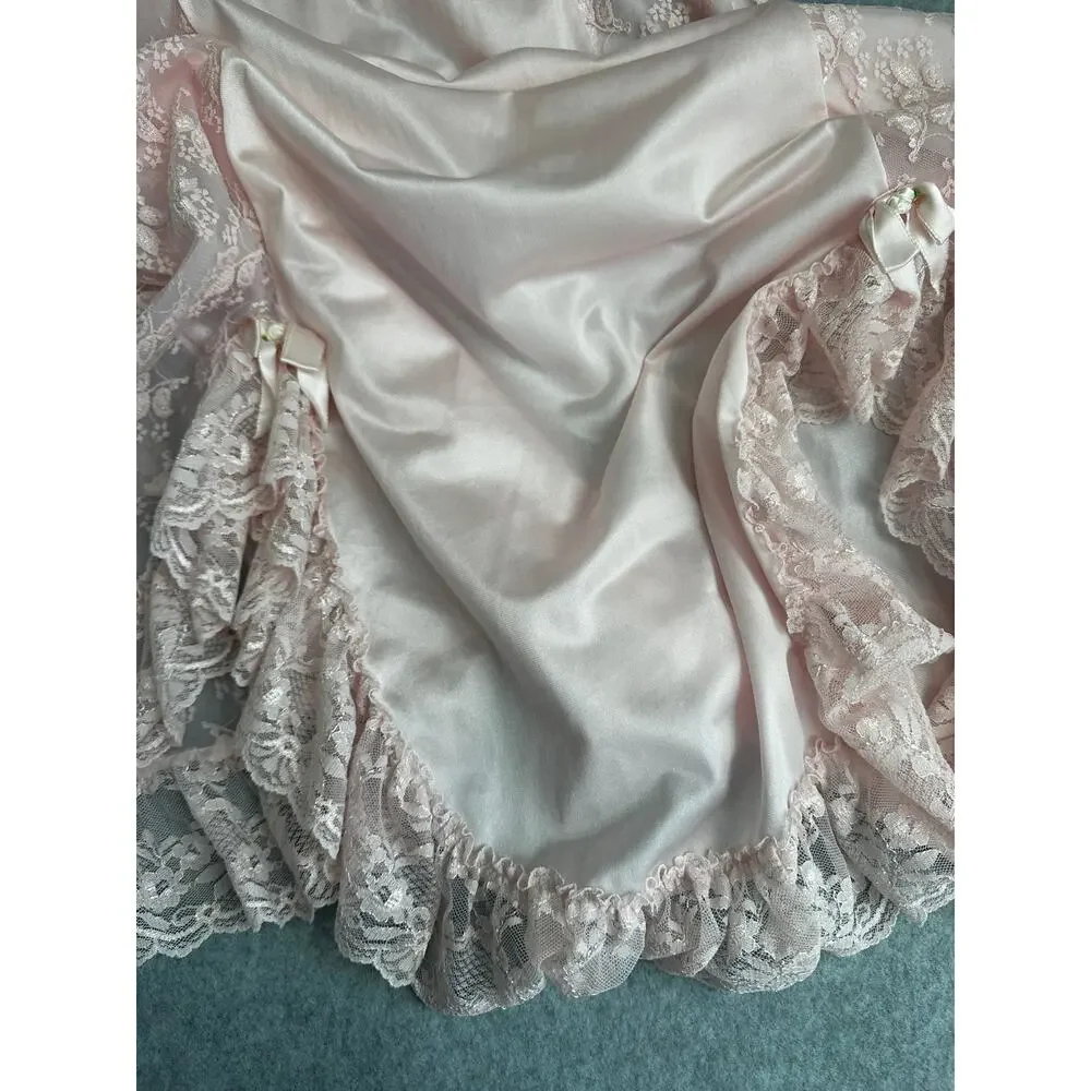 Pink Satin Lace Maxi Nightgown Floral Rosette 58 S Vintage